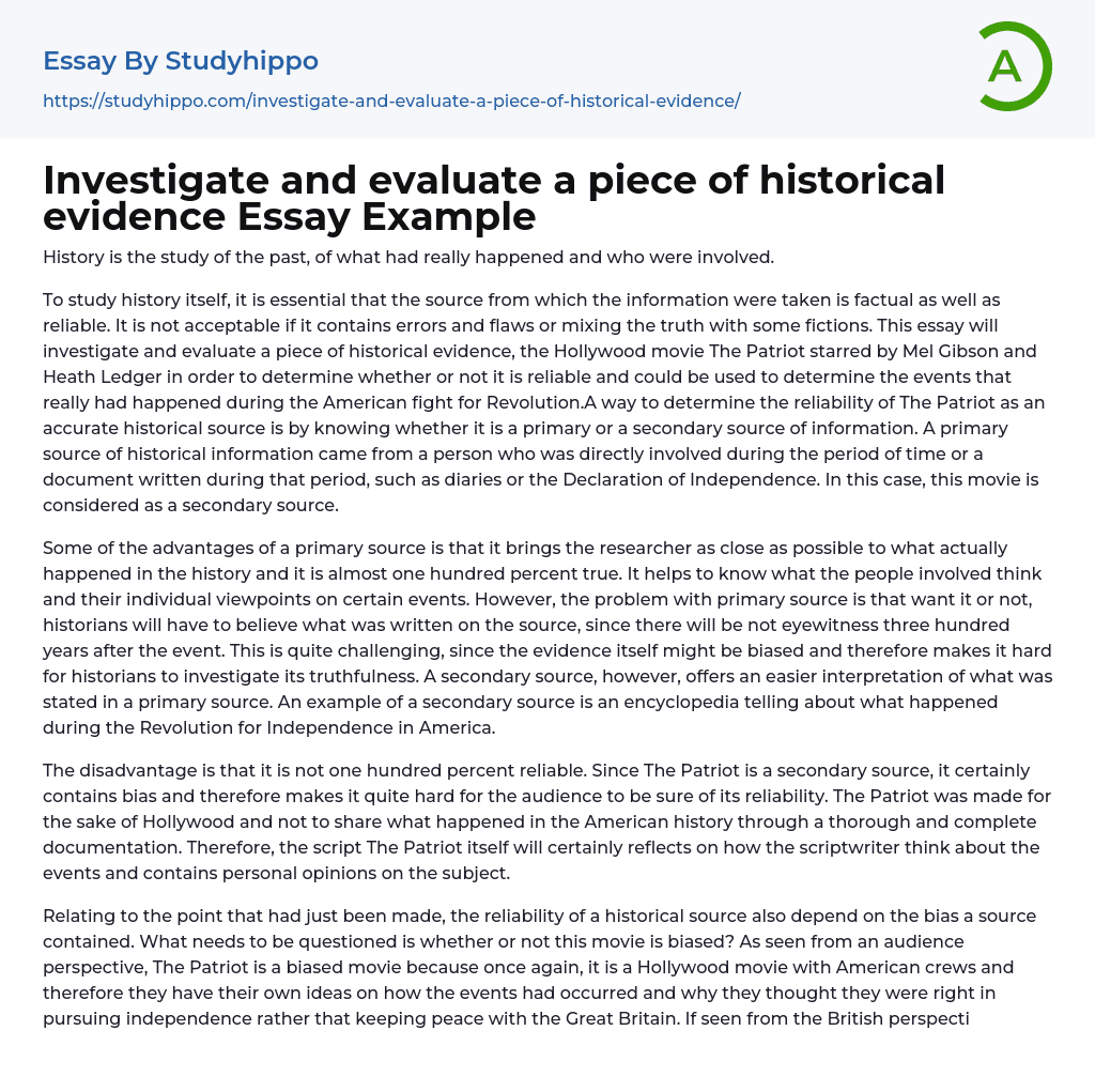 Investigate and evaluate a piece of historical evidence Essay Example