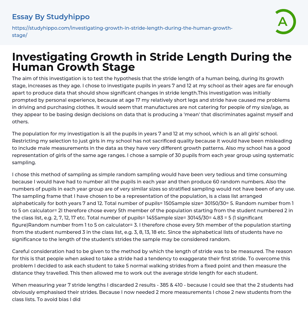 Investigating Growth in Stride Length During the Human Growth Stage Essay Example