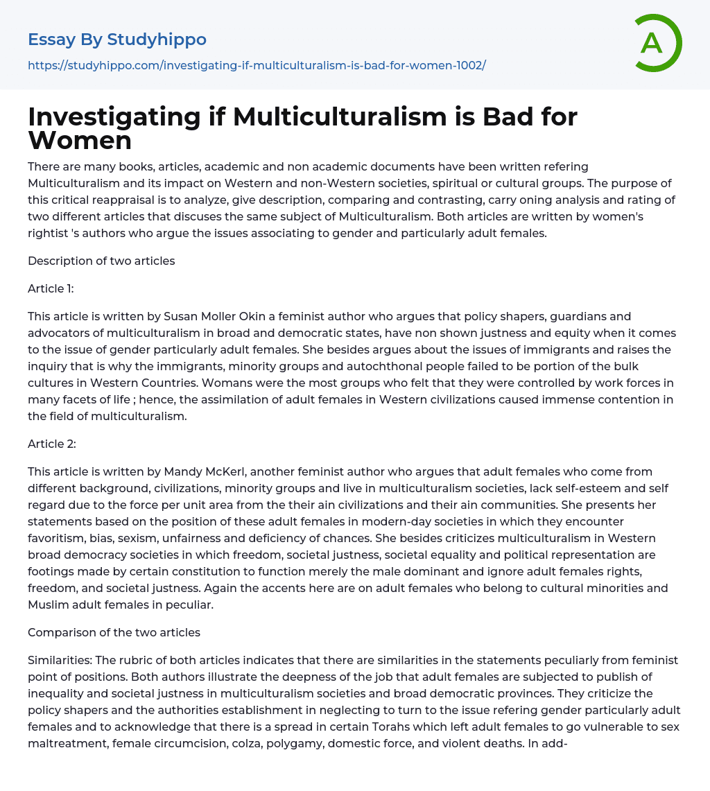 Investigating if Multiculturalism is Bad for Women Essay Example