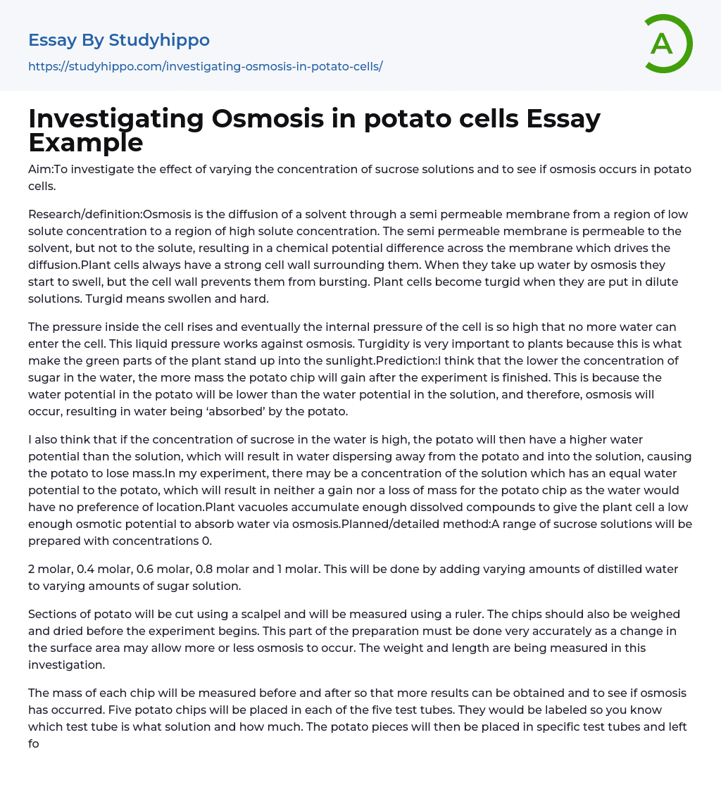 Investigating Osmosis in potato cells Essay Example