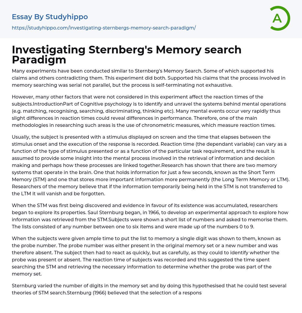 Investigating Sternberg’s Memory search Paradigm Essay Example