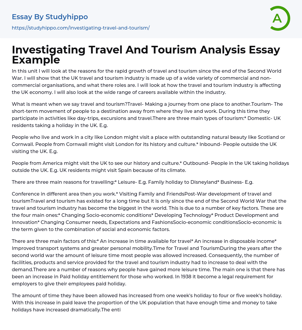 Investigating Travel And Tourism Analysis Essay Example
