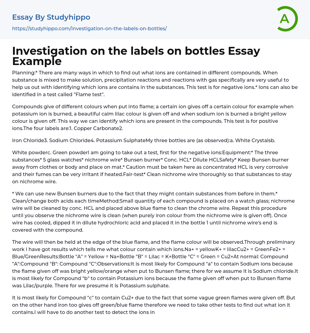 Investigation on the labels on bottles Essay Example