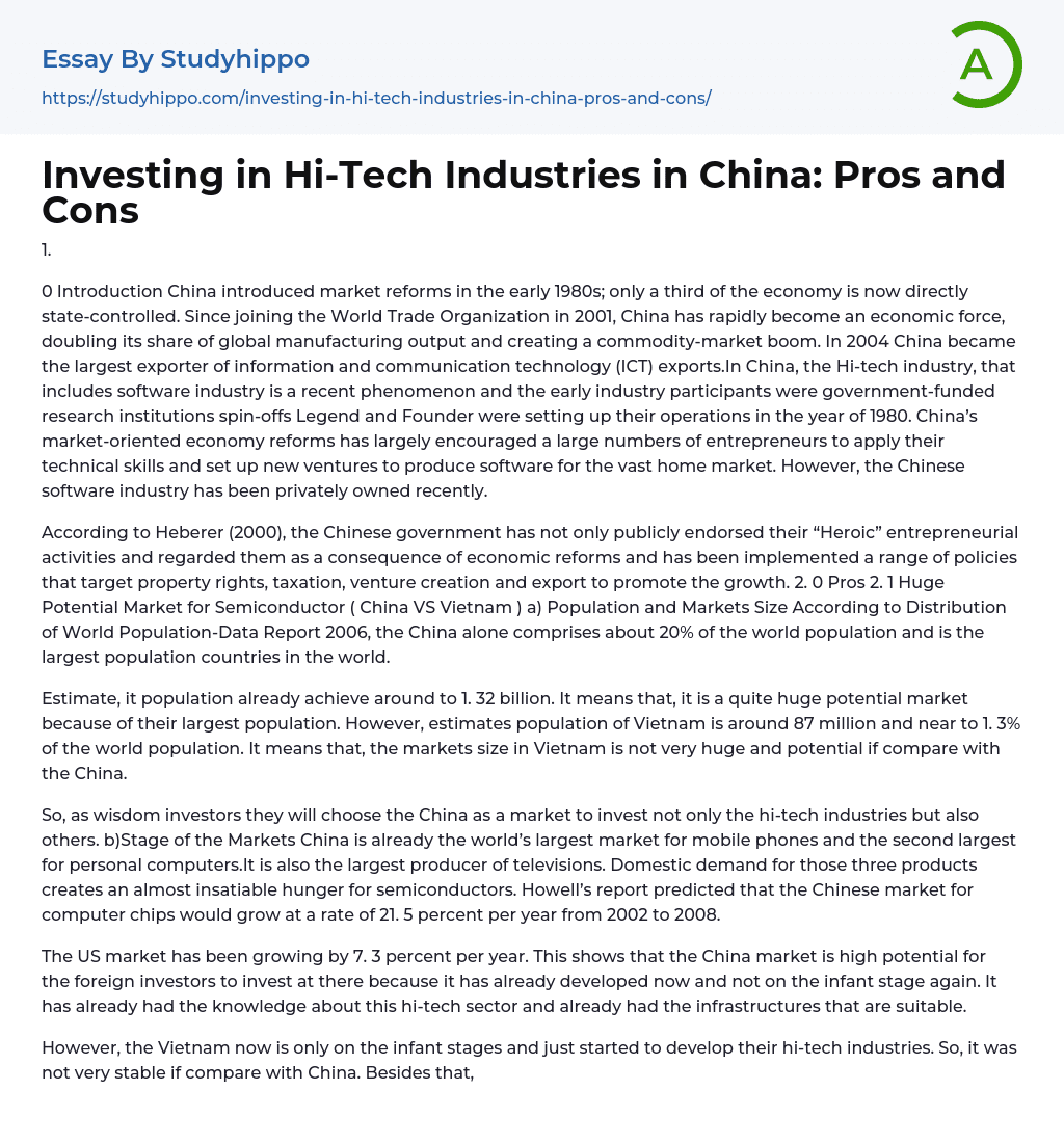 Investing in Hi-Tech Industries in China: Pros and Cons Essay Example