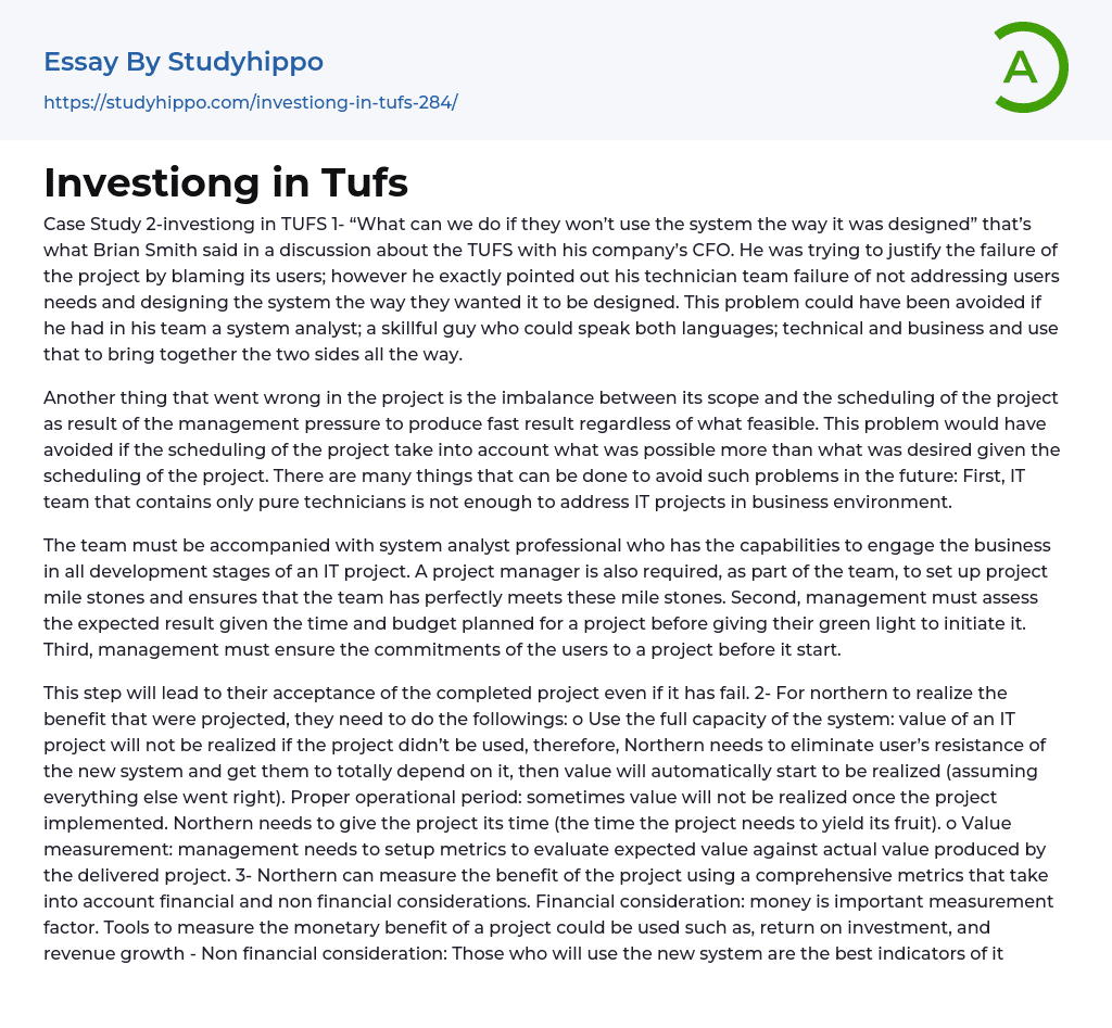 Investiong in Tufs Essay Example