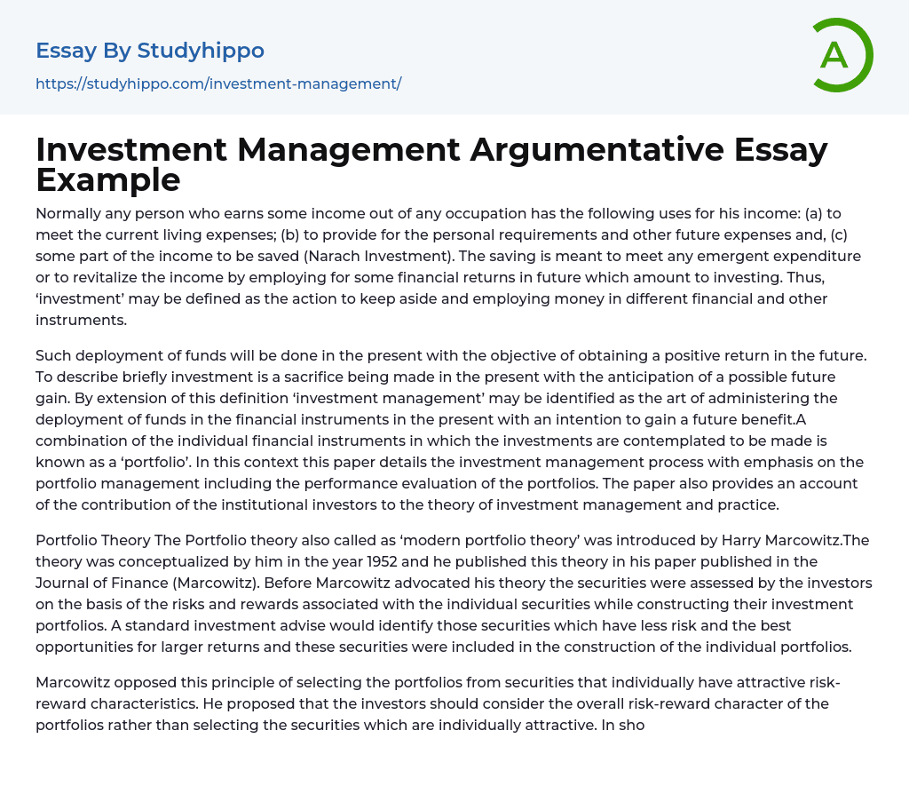Investment Management Argumentative Essay Example