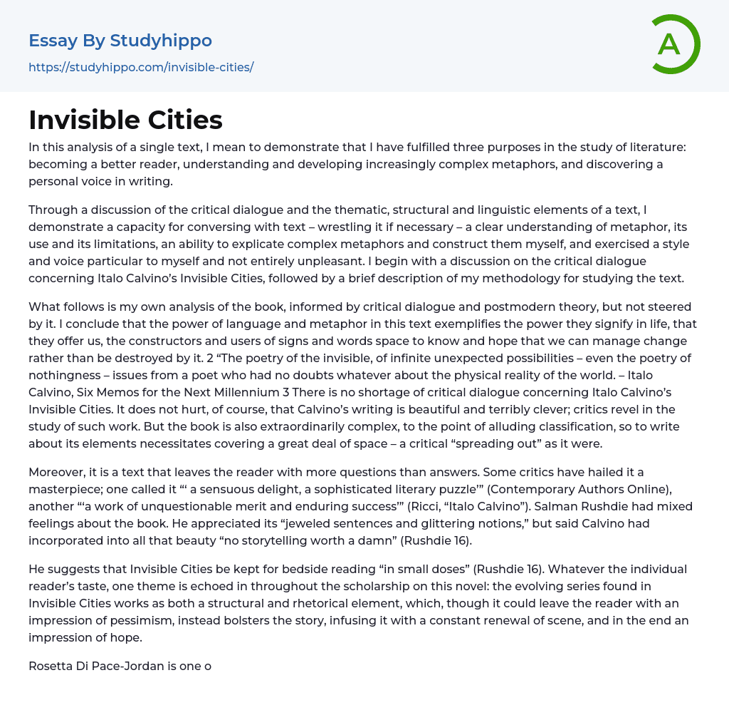 Invisible Cities Essay Example