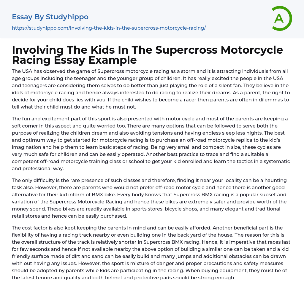 Involving The Kids In The Supercross Motorcycle Racing Essay Example