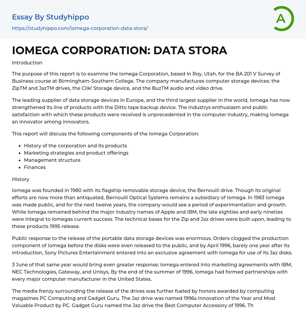 IOMEGA CORPORATION: DATA STORA Essay Example