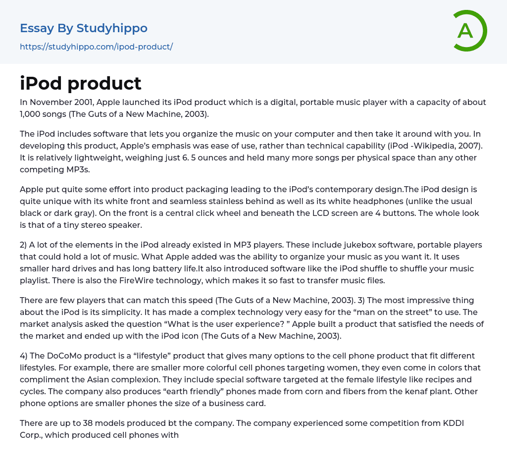 iPod product Essay Example