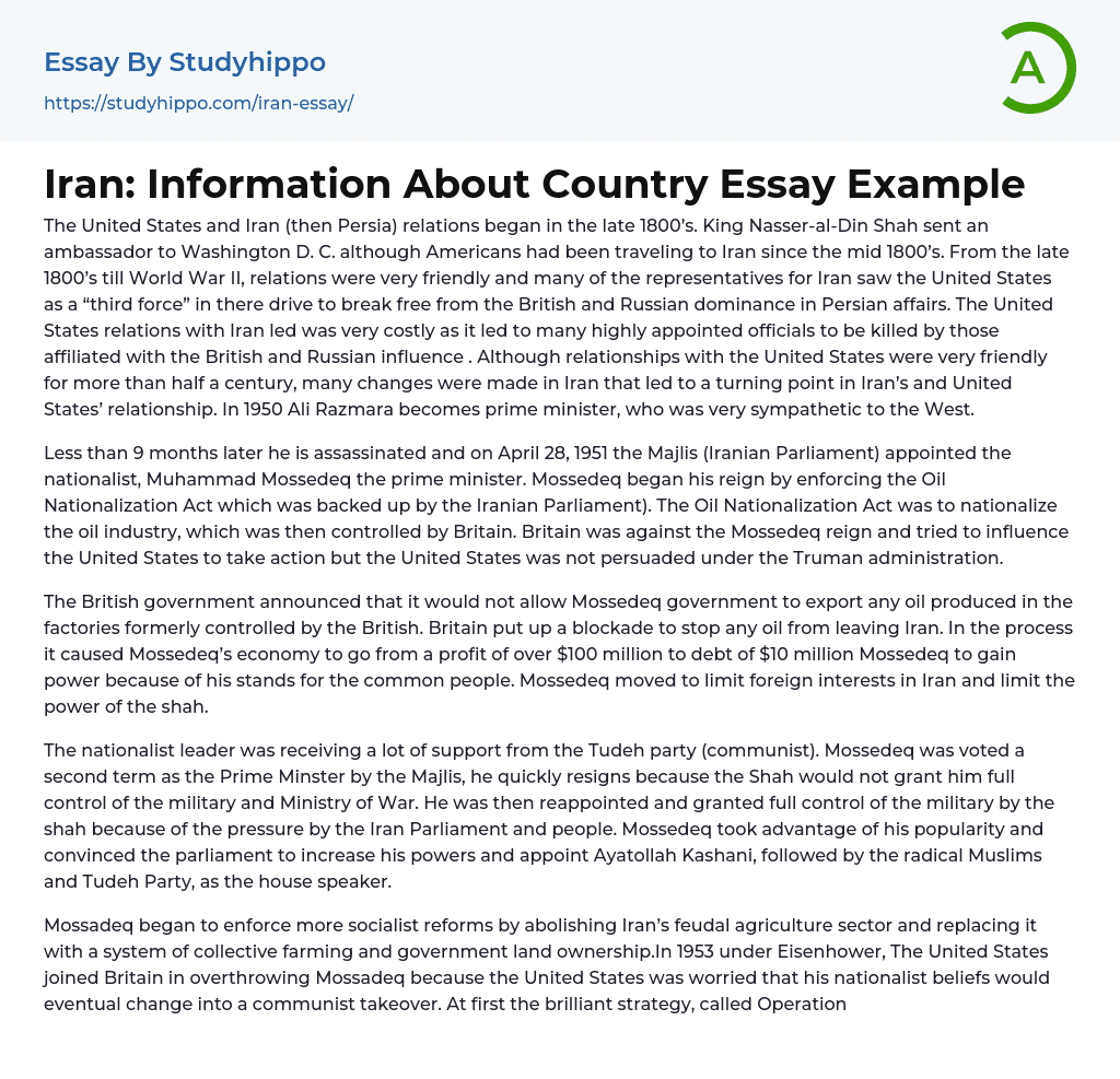 Iran: Information About Country Essay Example