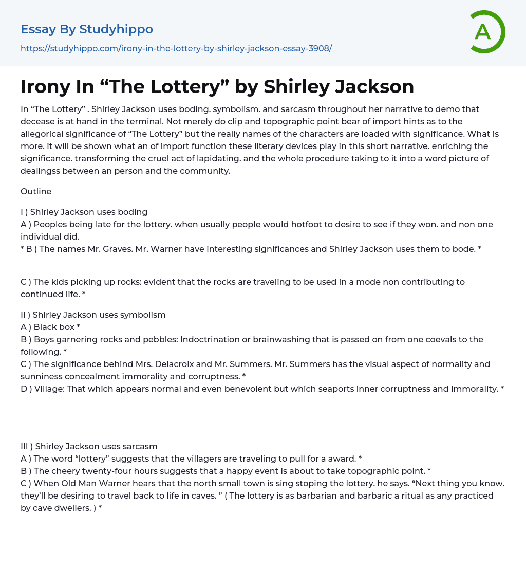 Irony In “The Lottery” by Shirley Jackson Essay Example