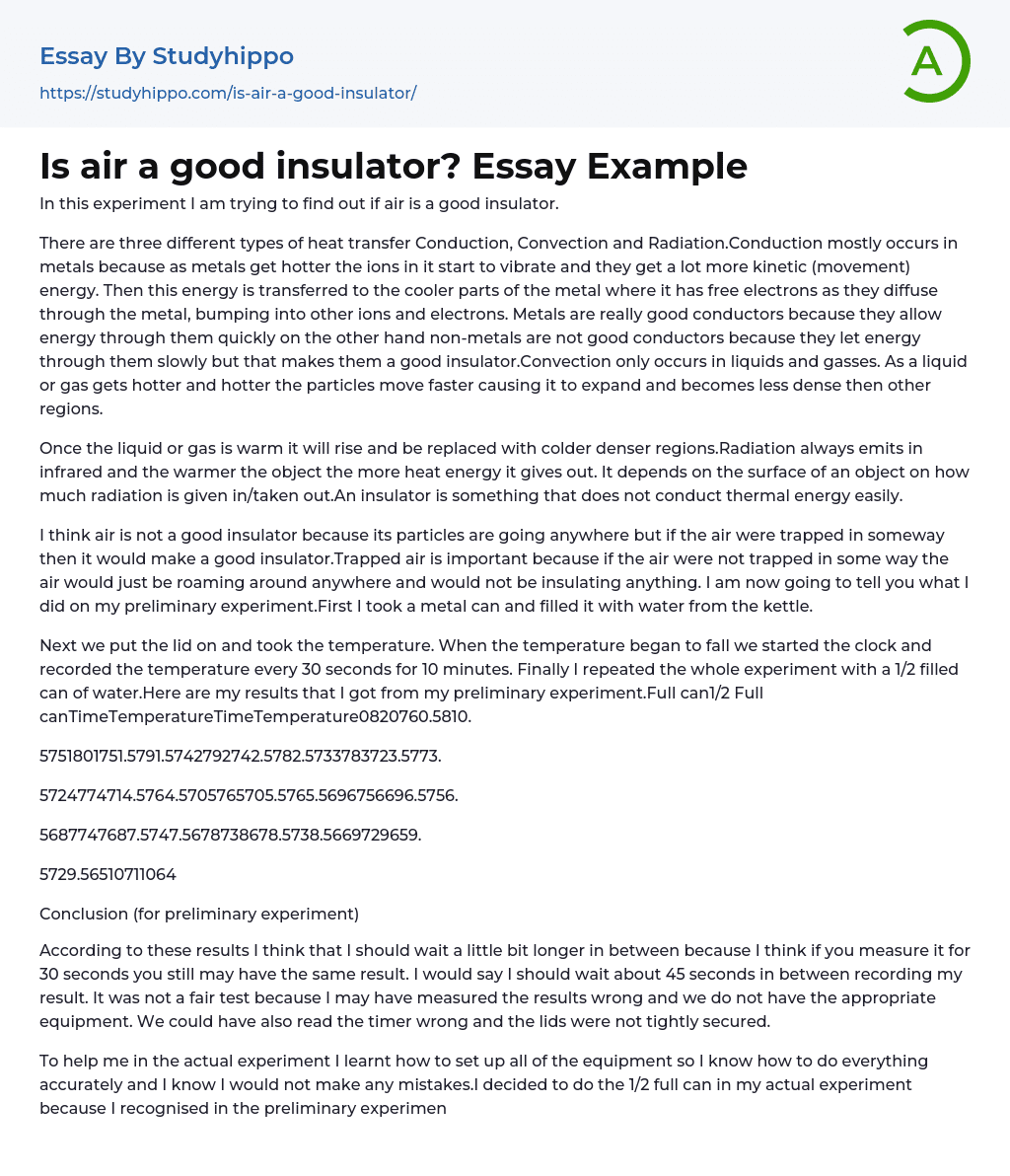 Is air a good insulator? Essay Example