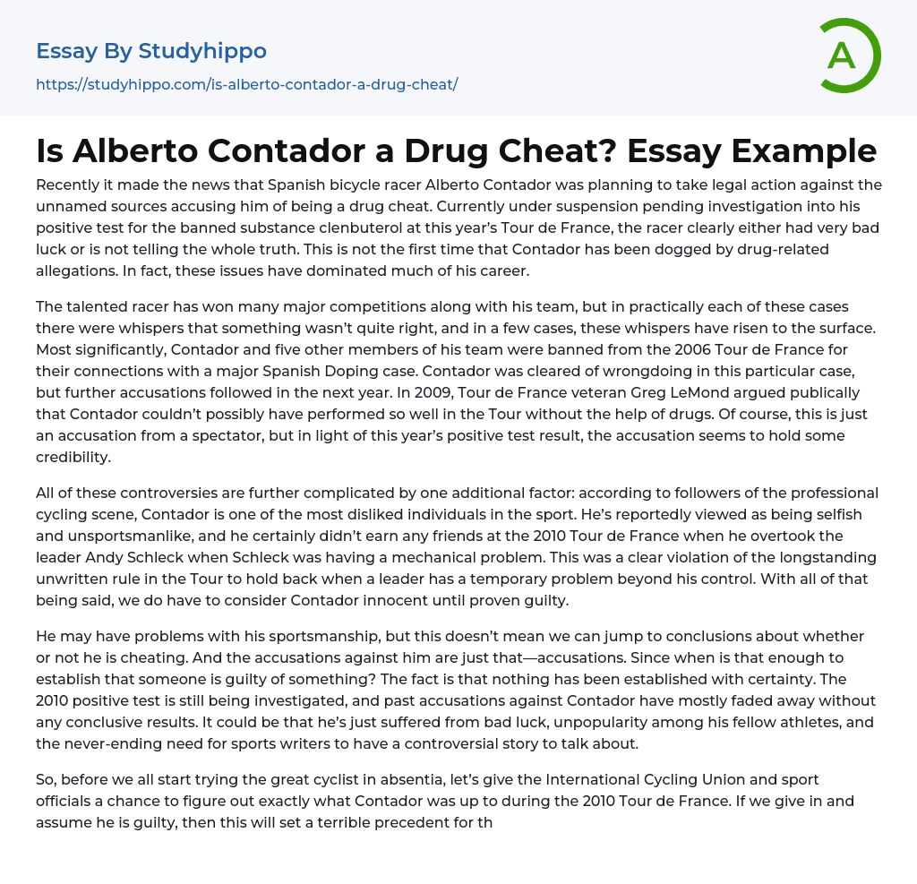 Is Alberto Contador a Drug Cheat? Essay Example