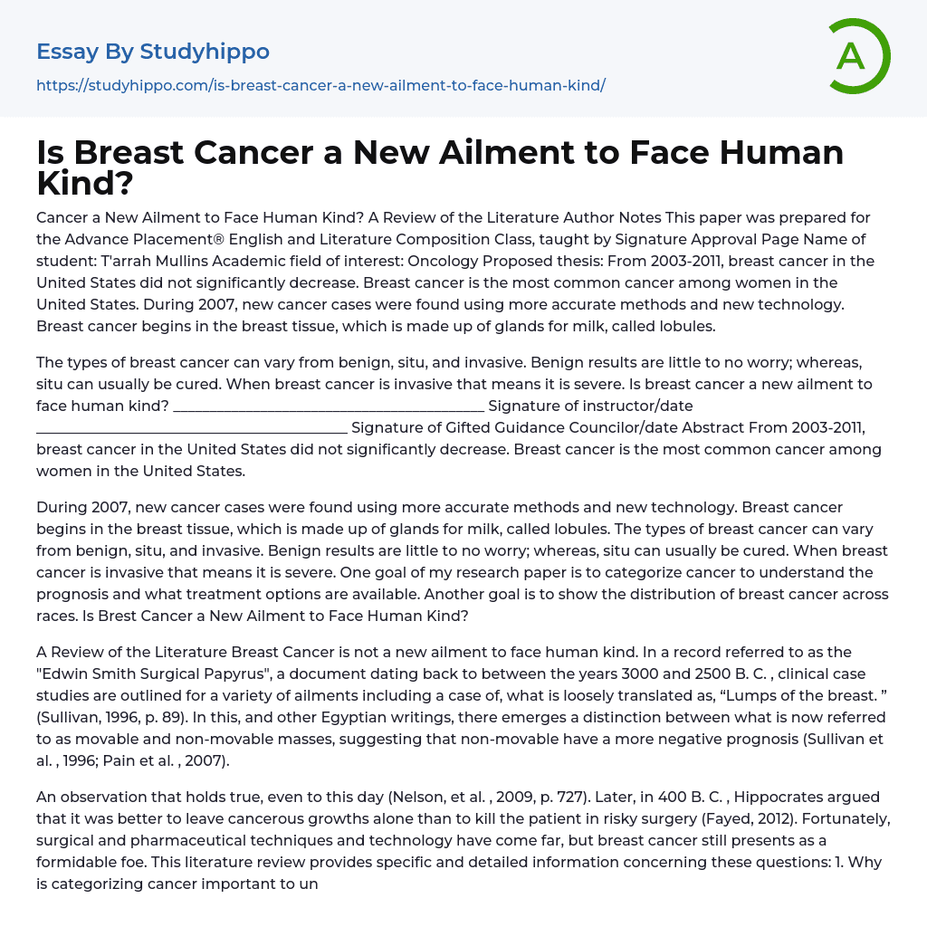 Is Breast Cancer a New Ailment to Face Human Kind? Essay Example