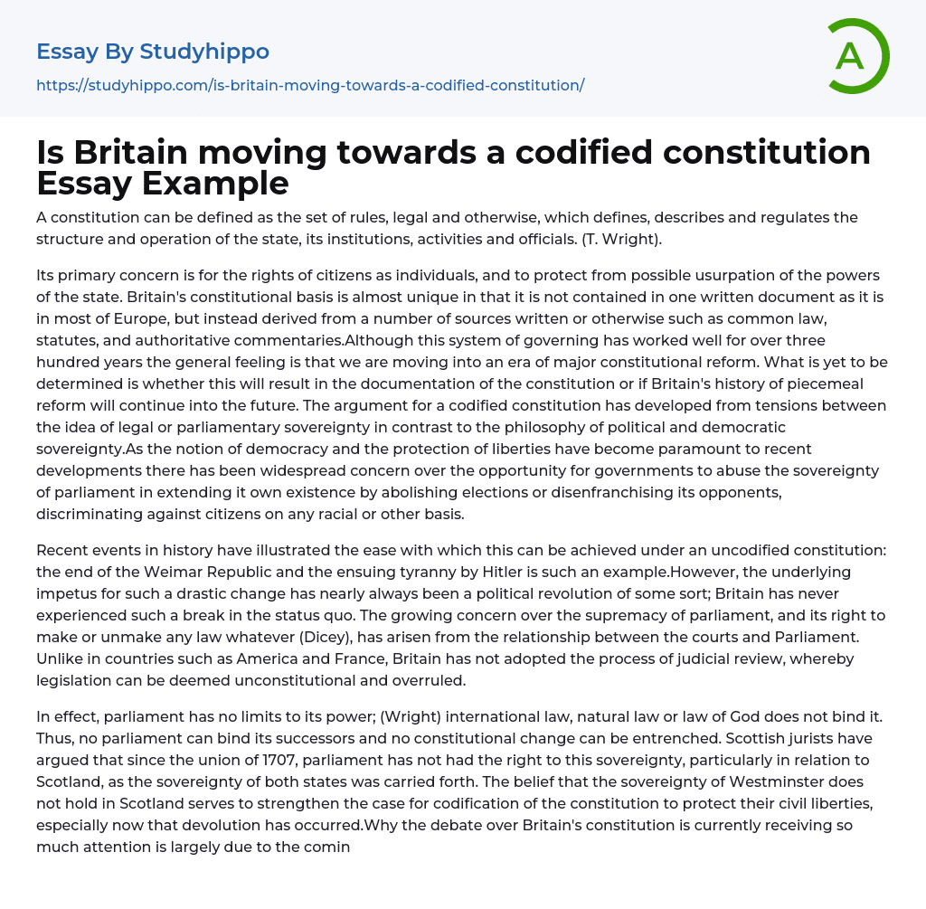 Is Britain moving towards a codified constitution Essay Example