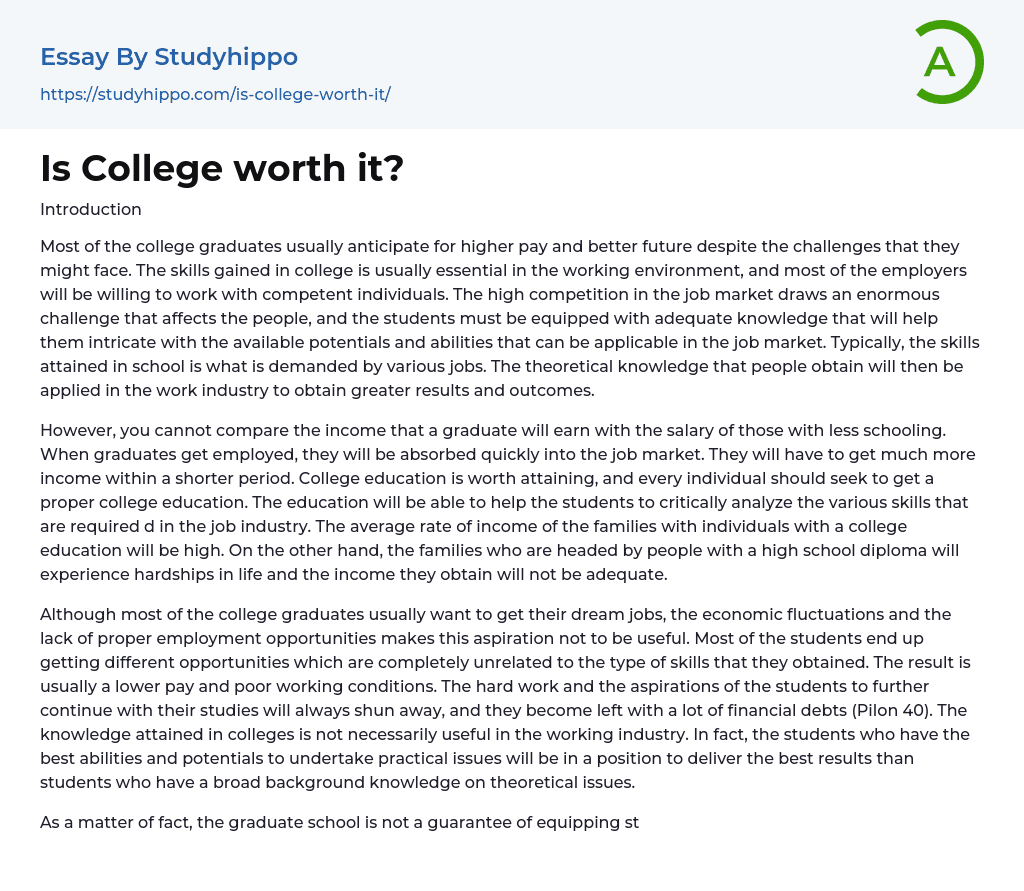Is College worth it? Essay Example