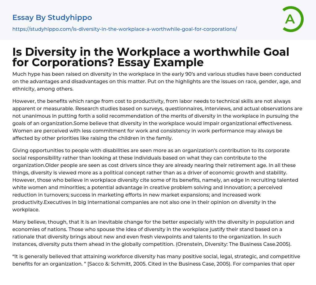 Is Diversity in the Workplace a worthwhile Goal for Corporations? Essay Example