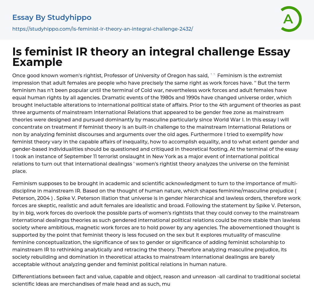 Is feminist IR theory an integral challenge Essay Example