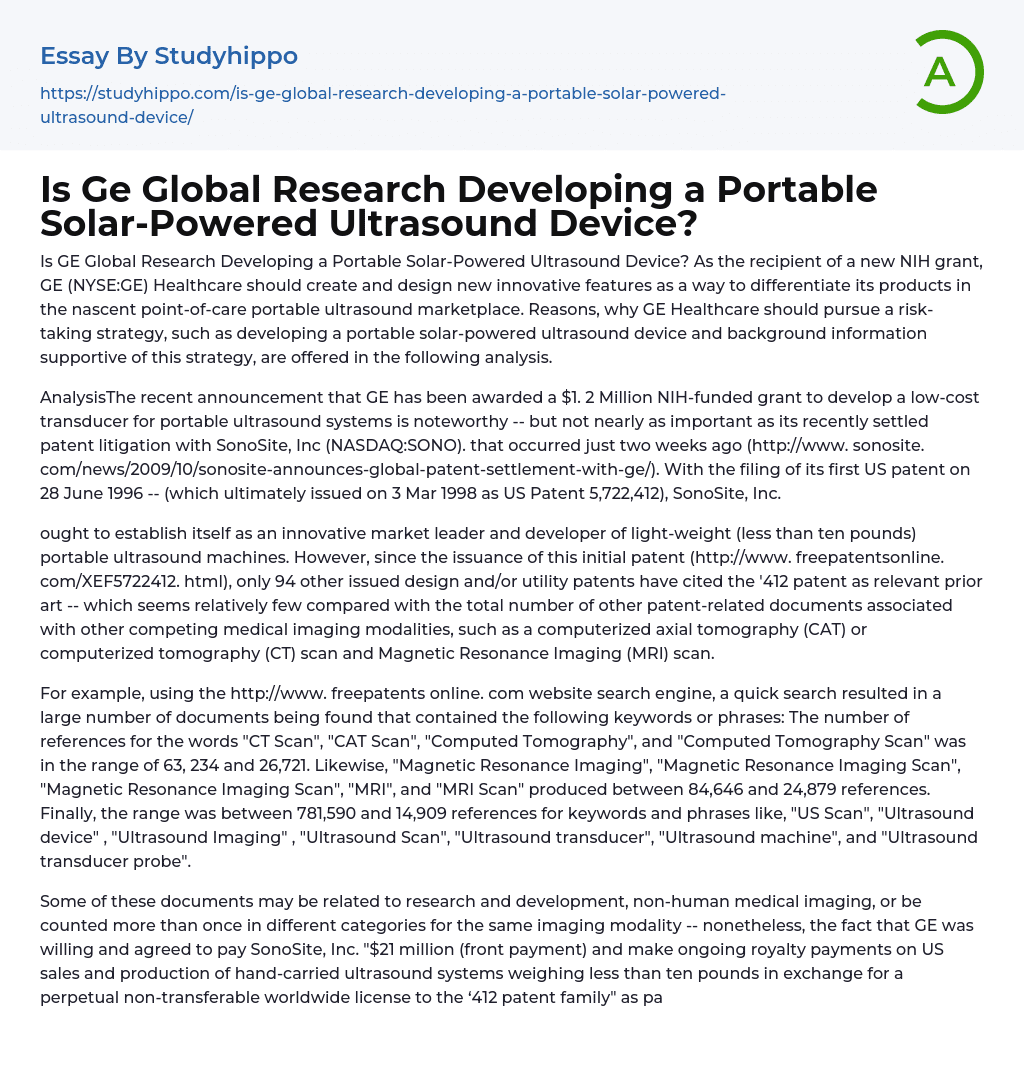 Is Ge Global Research Developing a Portable Solar-Powered Ultrasound Device? Essay Example
