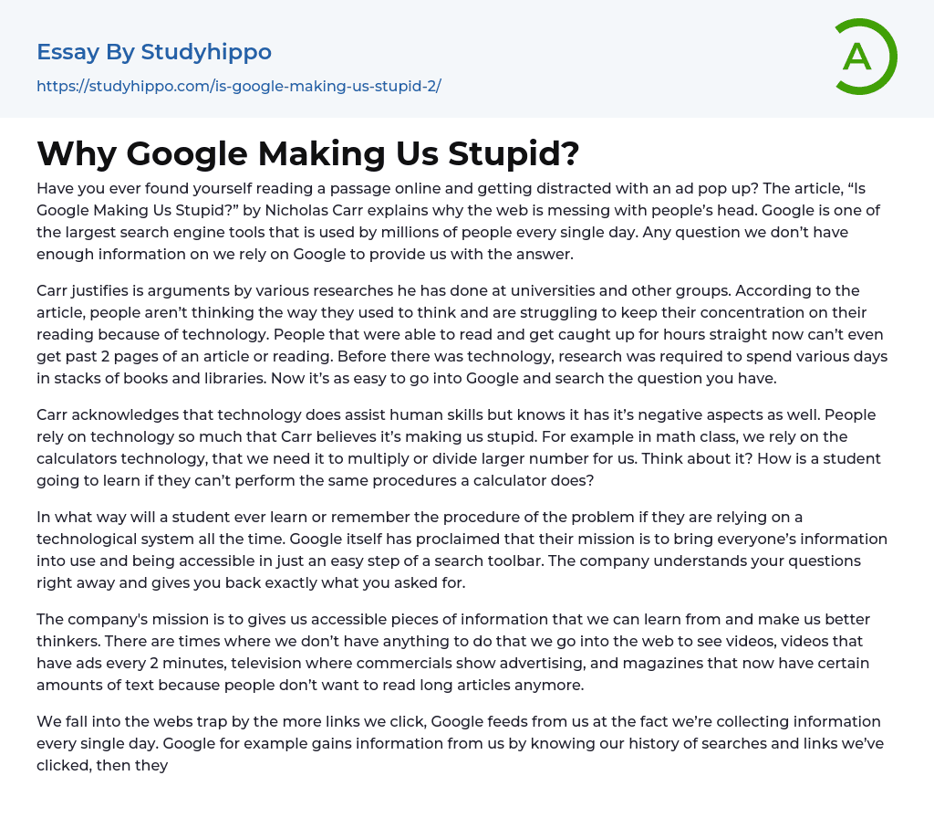 Why Google Making Us Stupid? Essay Example