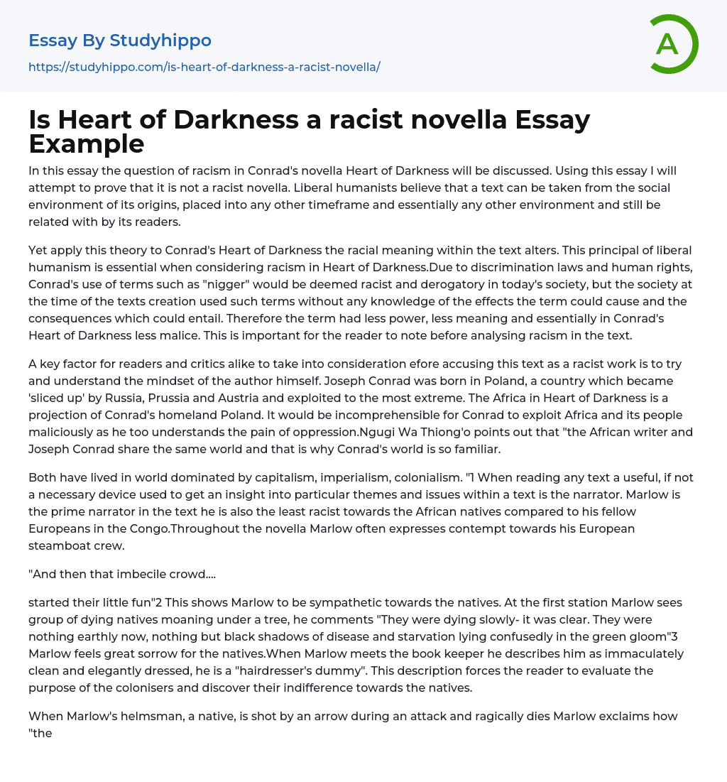 Is Heart of Darkness a racist novella Essay Example