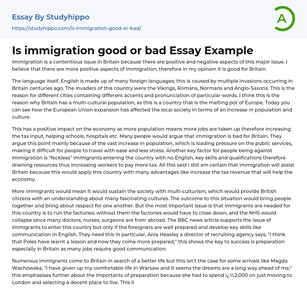 Is immigration good or bad Essay Example
