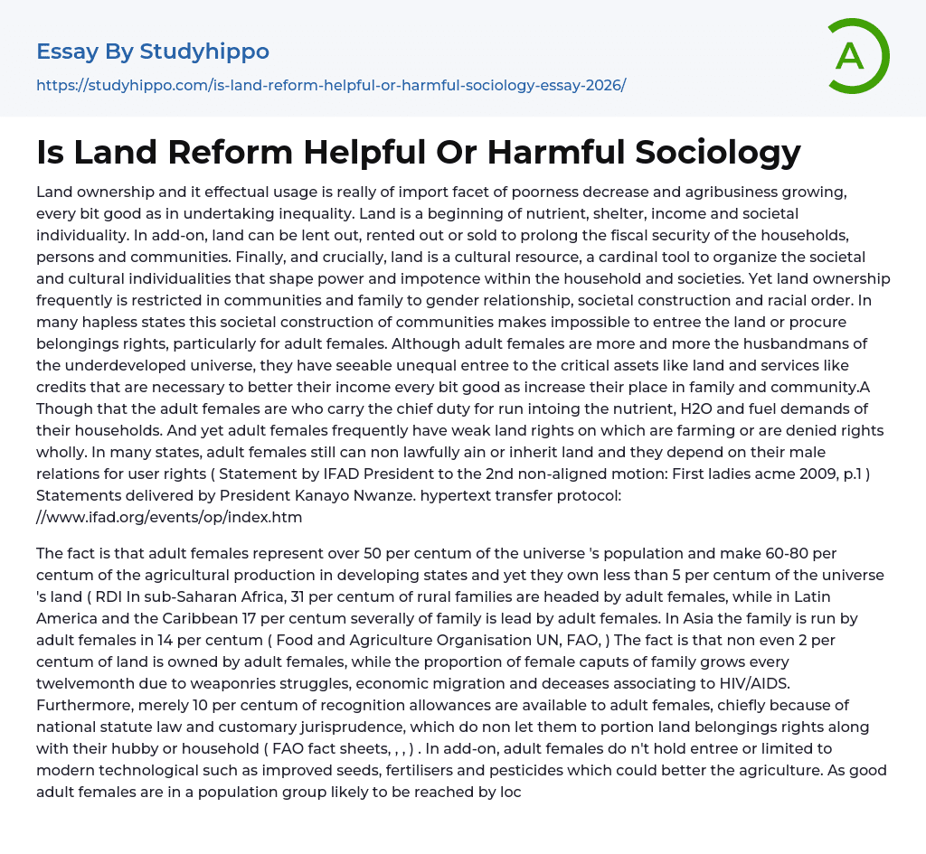 Is Land Reform Helpful Or Harmful Sociology Essay Example