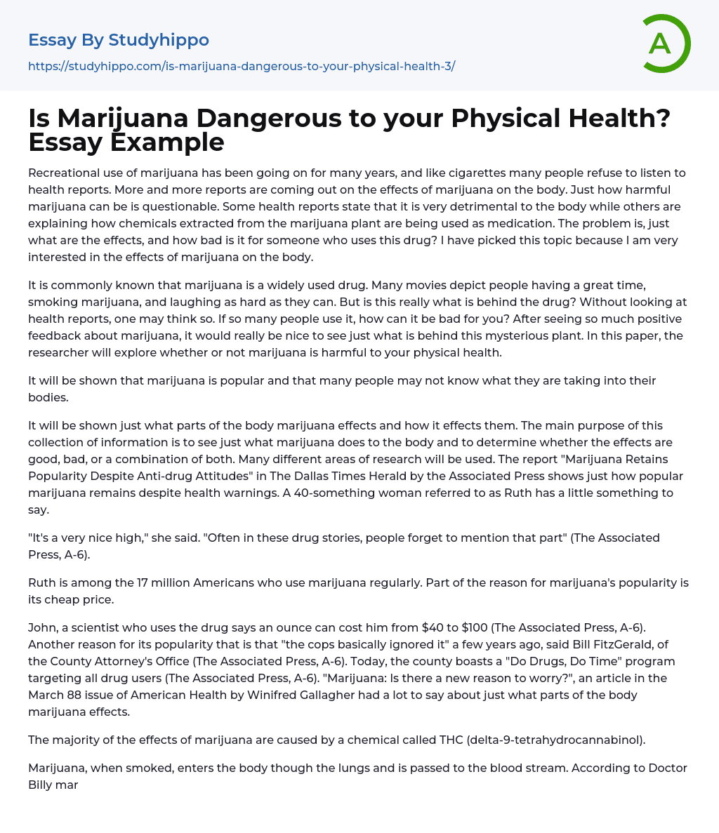 Is Marijuana Dangerous to your Physical Health? Essay Example