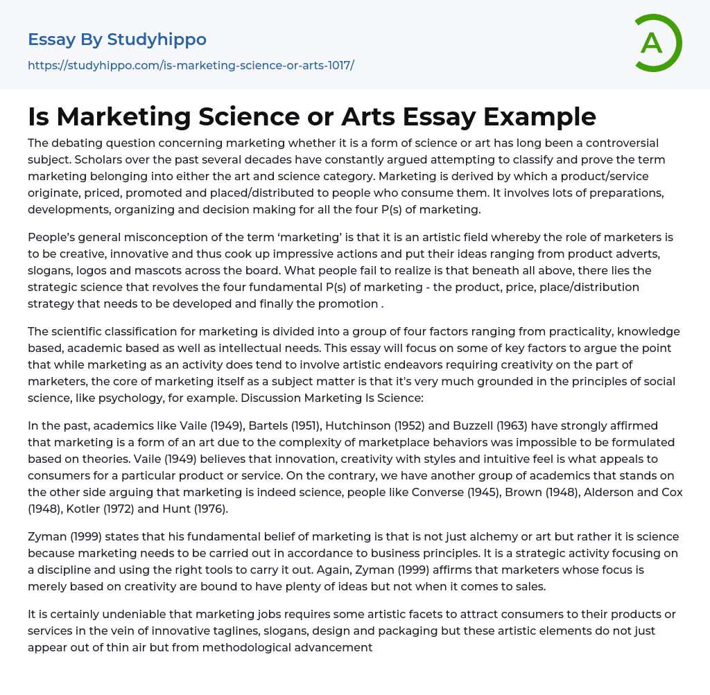 Is Marketing Science or Arts Essay Example