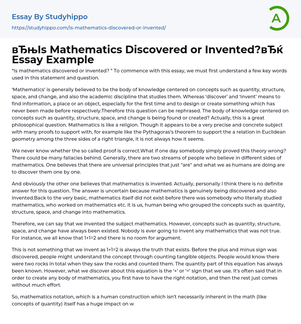 “Is Mathematics Discovered or Invented”? Essay Example