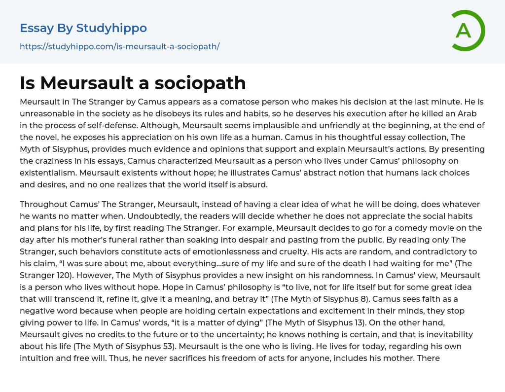 Is Meursault a sociopath Essay Example