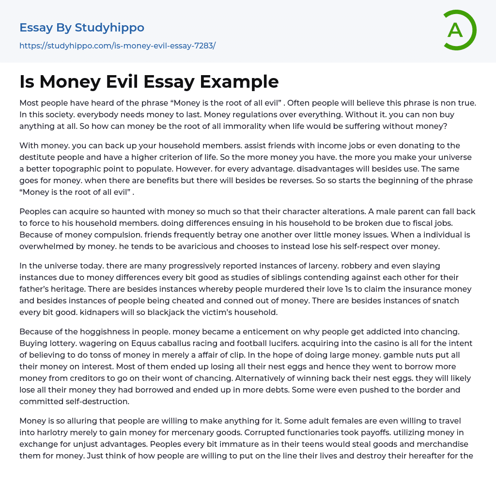 Is Money Evil Essay Example