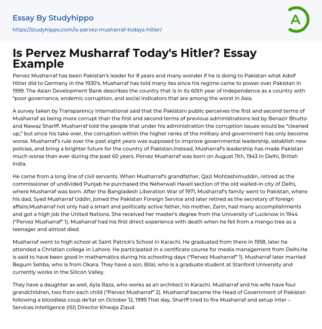 Is Pervez Musharraf Today’s Hitler? Essay Example