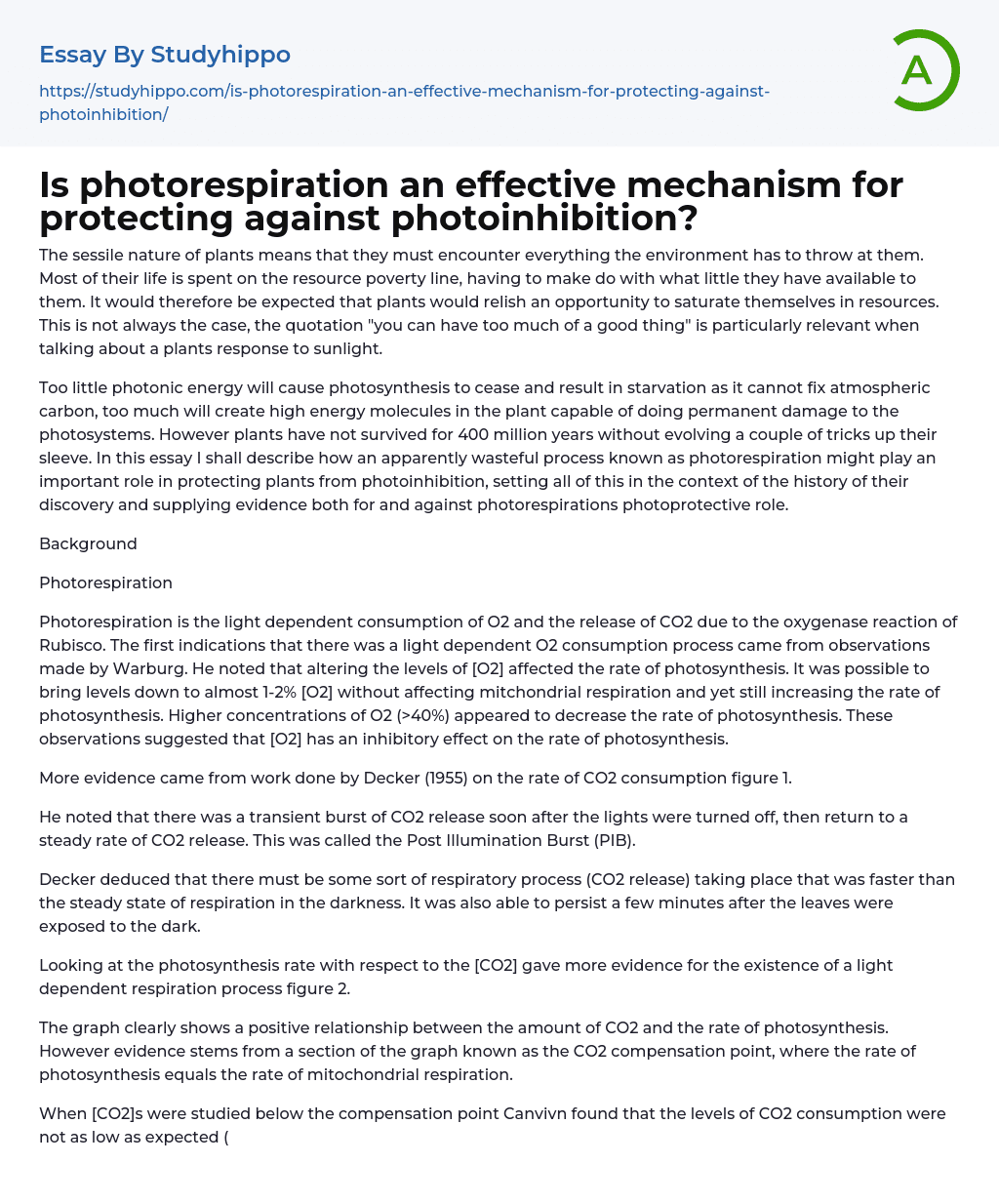Is photorespiration an effective mechanism for protecting against photoinhibition? Essay Example