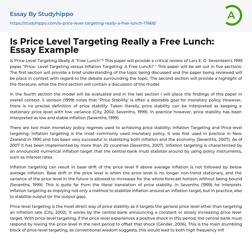 Is Price Level Targeting Really a Free Lunch: Essay Example