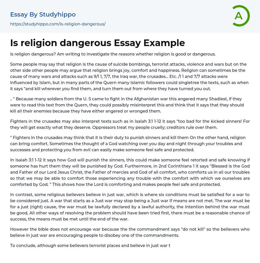 Is religion dangerous Essay Example