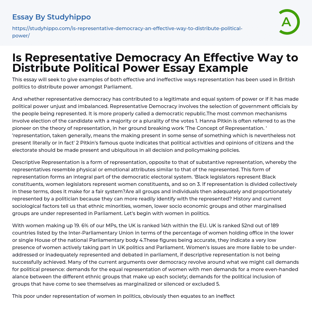 Is Representative Democracy An Effective Way to Distribute Political Power Essay Example