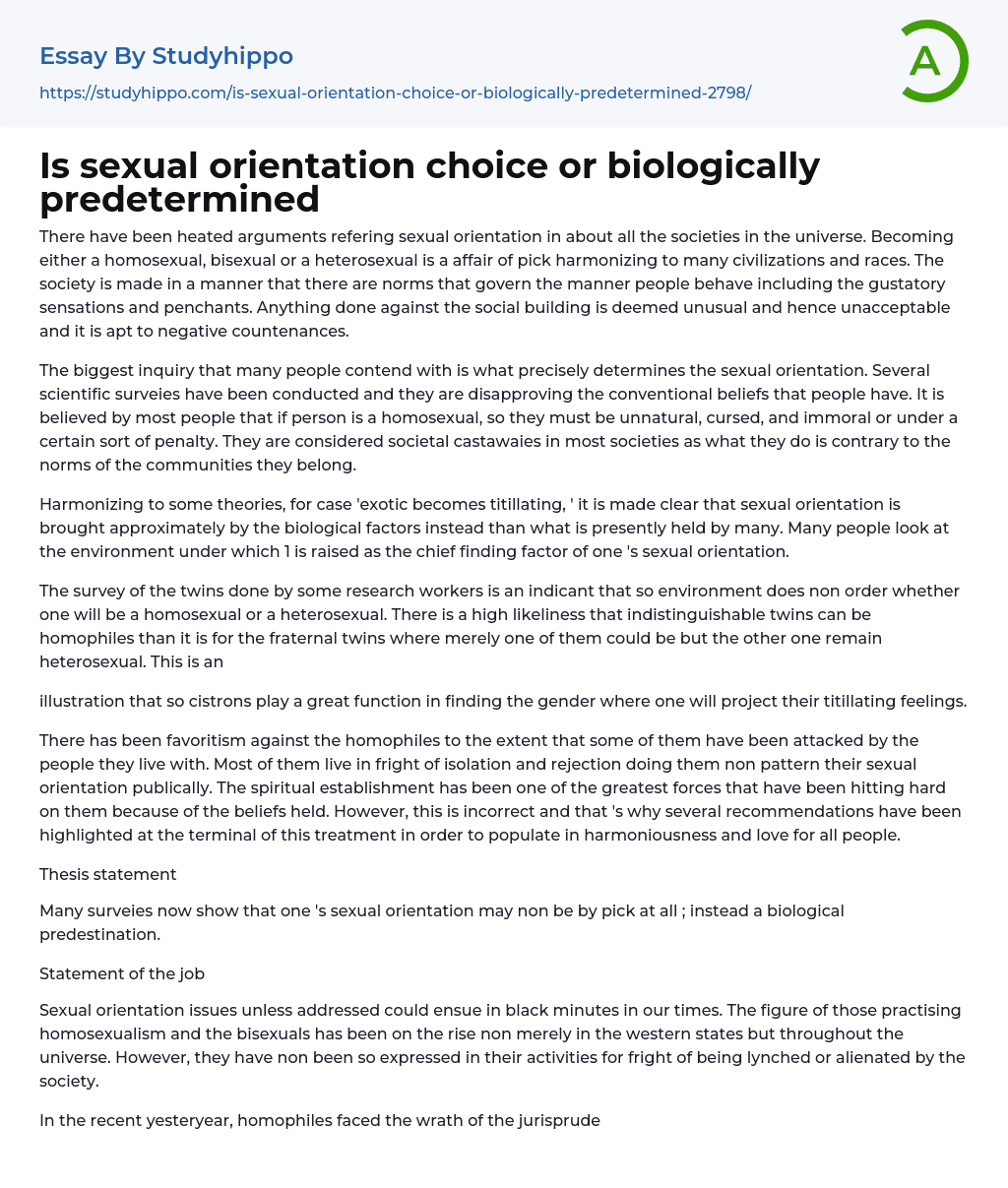 Is sexual orientation choice or biologically predetermined Essay Example