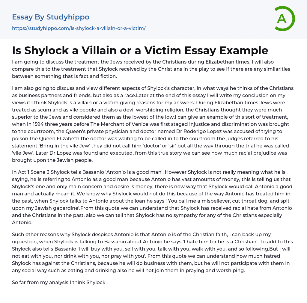 Is Shylock a Villain or a Victim Essay Example