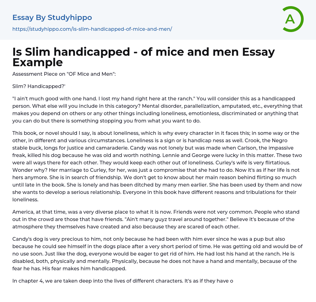 Is Slim handicapped – of mice and men Essay Example