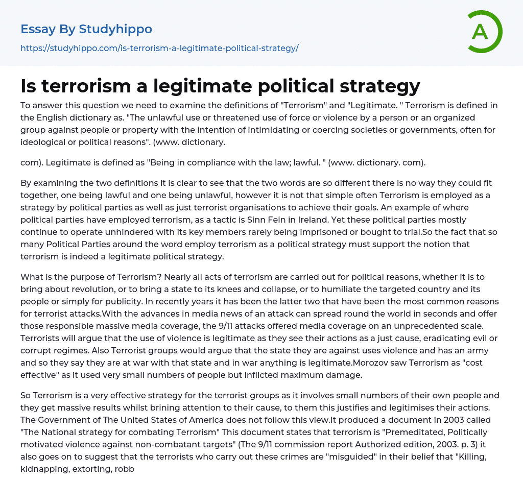 Is terrorism a legitimate political strategy Essay Example