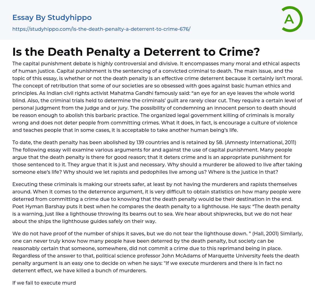 Is the Death Penalty a Deterrent to Crime? Essay Example