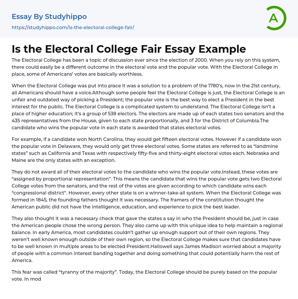 Is the Electoral College Fair Essay Example