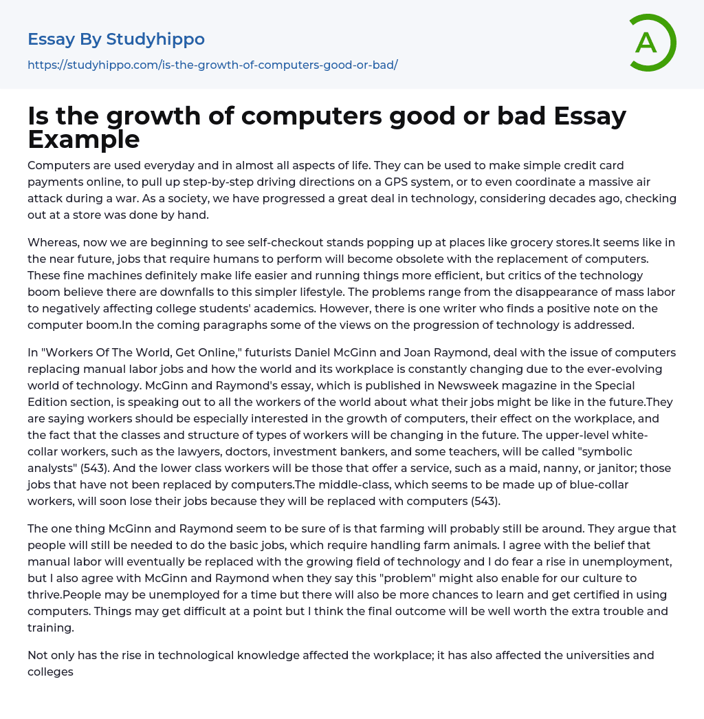 Is the growth of computers good or bad Essay Example