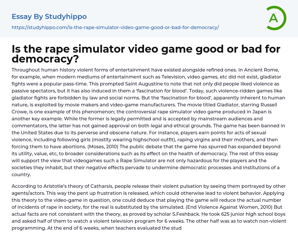 Is the rape simulator video game good or bad for democracy? Essay Example