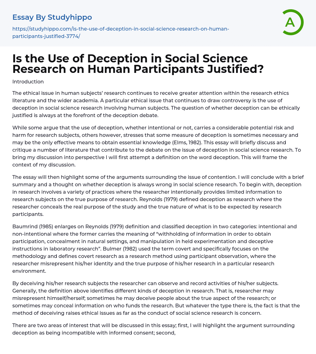 Is the Use of Deception in Social Science Research on Human Participants Justified? Essay Example