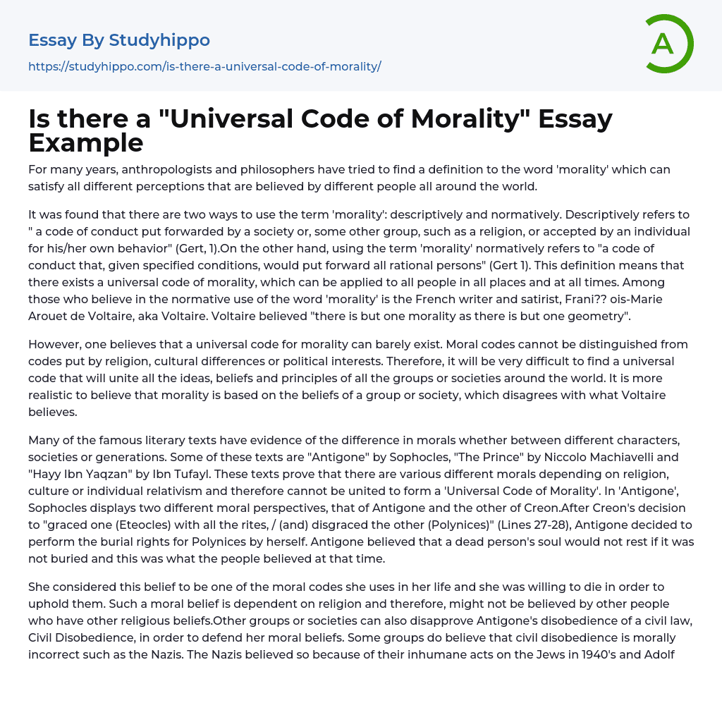 Is there a “Universal Code of Morality” Essay Example