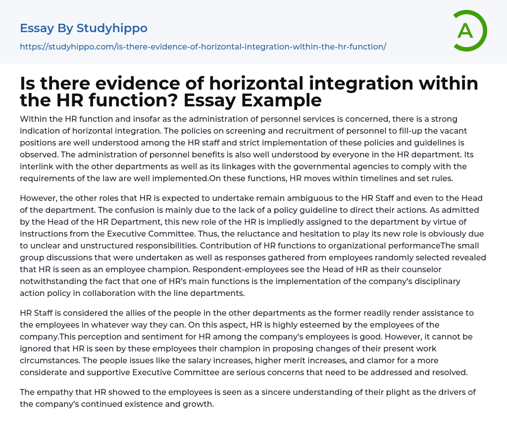 Is there evidence of horizontal integration within the HR function? Essay Example