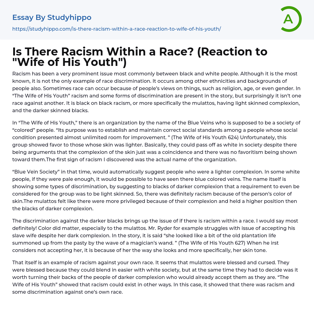 Is There Racism Within a Race? (Reaction to “Wife of His Youth”) Essay Example
